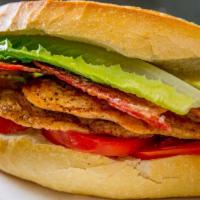 Le Bonjour Sub · Grilled chicken, bacon, goat cheese, dijon mustard, lettuce and tomato.