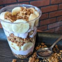 Yogurt Granola & Banana Parfait · Mixed berry yogurt, gluten free granola and fresh sliced banana.