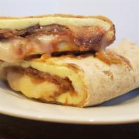 Southwest Egg Wrap · Bacon, eggs, cheddar cheese & salsa wrapped in a whole wheat tortilla.