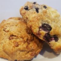 Scone · Available in cinnamon or blueberry.