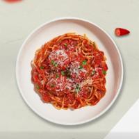 The Meatball Pasta  · Fresh spaghetti and homemade ground beef meatballs served with rossa (red) sauce, red pepper...