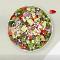 Geeky Greek Salad · (Vegetarian) Romaine lettuce, cucumbers, tomatoes, red onions, olives, and feta cheese tosse...
