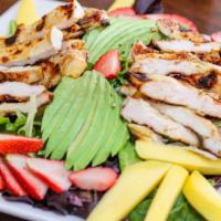 Tropical  · Includes Tropical Fruits - mango and Strawberry
with Grilled Chicken and Avocado