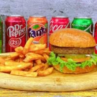 Meatless Burger+ Fries + Soda · Meatless burger combo, comes with French fries and can soda.