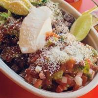 Carne Asada Bowl · Marinated and Grilled Flank Steak. Comes with Rice, Beans, Cotija Cheese, Pico de Gallo, Sal...
