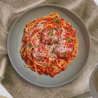 Spaghetti With A Chance Of Meatballs · Al dente spaghetti in our house made garlic marinara sauce paired with meatballs and topped ...
