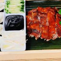 Peking Duck In Two Styles · Crispy Skin, Duck Slices w/cucumber and hoisin Sauce come along with Duck Soup. 
Half for $3...