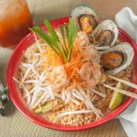 Pad Thai · Gluten free. Thin rice noodles, egg, Thai chive, bean sprouts and roasted peanut with tamari...