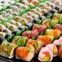 Deluxe Platter Rolls (14) · 6 specialty rolls, 4 regular fish rolls, 4 regular vegetable rolls.