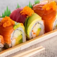 Rainbow Roll · Tuna, salmon, imitation crab, cucumber, avocado.