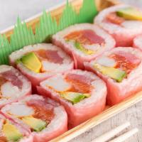 Pink Lady Roll Soy Wrapper · Tuna, salmon, kani, avocado, rice, soy wrappers, sesame seeds.