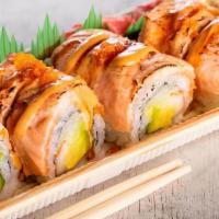 Golden Dragon Roll · Seared salmon, imitation crab, cucumber, avocado.