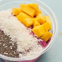 Pink Dragon Bowl · Vegan and gluten-free. Pitaya, strawberries, banana, avocado, and almond milk. Toppings: man...