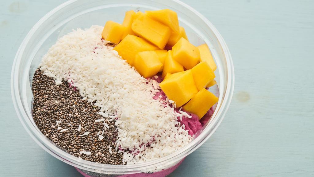 Pink Dragon Bowl · Vegan and gluten-free. Pitaya, strawberries, banana, avocado, and almond milk. Toppings: mango, chia seeds, and coconut.