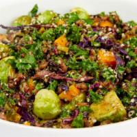 Brussel'S Bowl · Vegan and gluten-free. Rice blend, kale, sweet potato, brussel’s sprouts, roasted cabbage, a...