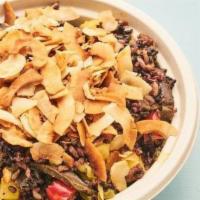 Thai Bowl · Vegan and gluten-free. Kale, rice blend, carrots, chickpeas, ginger, scallions, roasted pepp...
