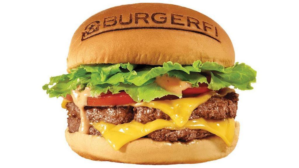 Burgerfi Cheeseburger · All-Natural Angus Beef Free of Hormones, Steroids, and Antibiotics, American Cheese, Lettuce, Tomato, BurgerFi Sauce. (Cals 535-795)