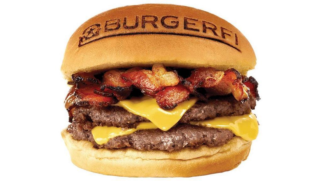 Ultimate Bacon Cheeseburger · Double All-Natural Angus Beef Free of Hormones, Steroids, and Antibiotics, Double American Cheese, Double Bacon. (Cals 580-840)