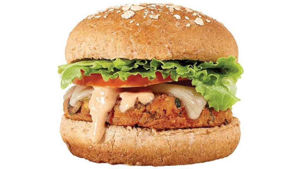 Vegefi Burger · Crispy Quinoa + Fresh-Cut Veggie Burger, White Cheddar, Lettuce, Tomato, BurgerFi Sauce on a Vegan Multigrain Bun. *VegeFi patty contains cheese. (Cals 525)