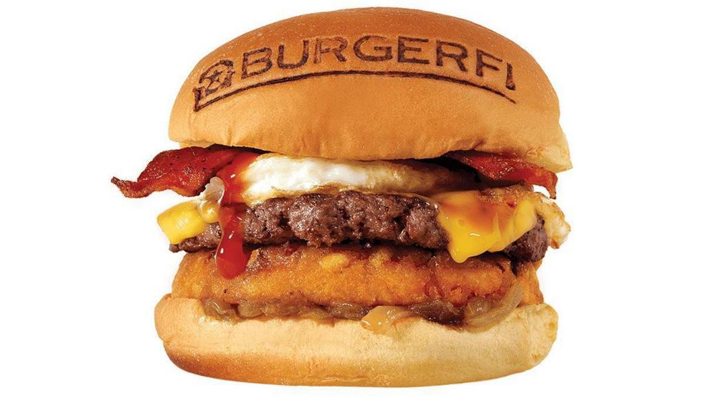 Breakfast All Day Burger · All-Natural Angus Beef Free of Hormones, Steroids, and Antibiotics, Bacon, American Cheese, Maple Syrup, Fried Egg, Hash Brown, Grilled Onions, Ketchup. (Cals 828)