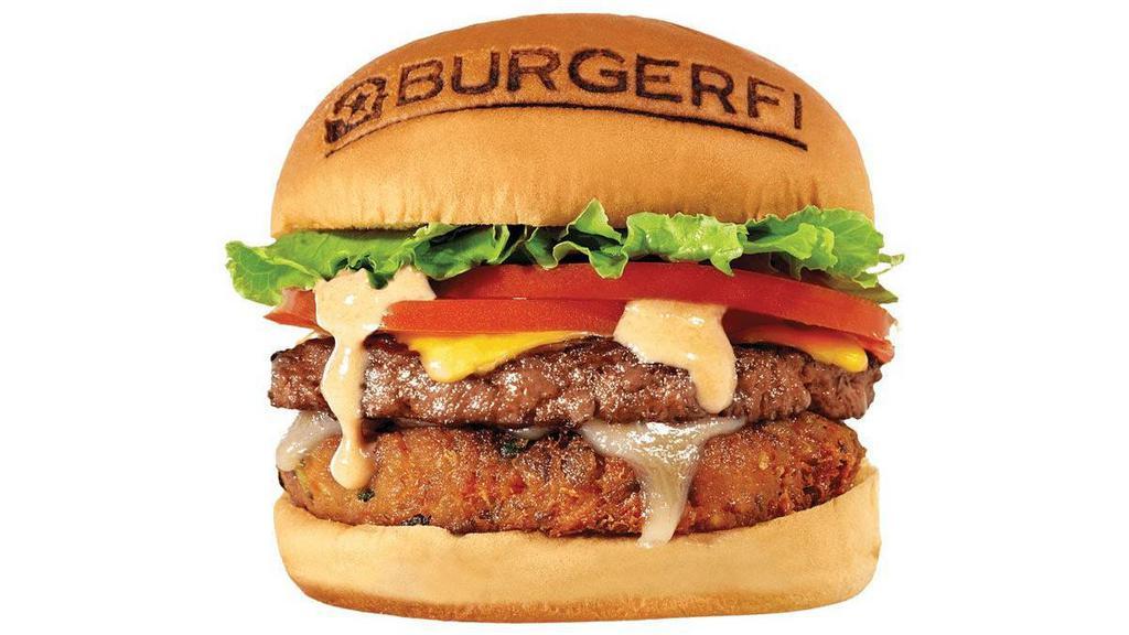 Conflicted Burger · All-Natural Angus Beef Free of Hormones, Steroids, and Antibiotics, VegeFi Burger, American Cheese, White Cheddar, Lettuce, Tomato, BurgerFi Sauce. (Cals 815)