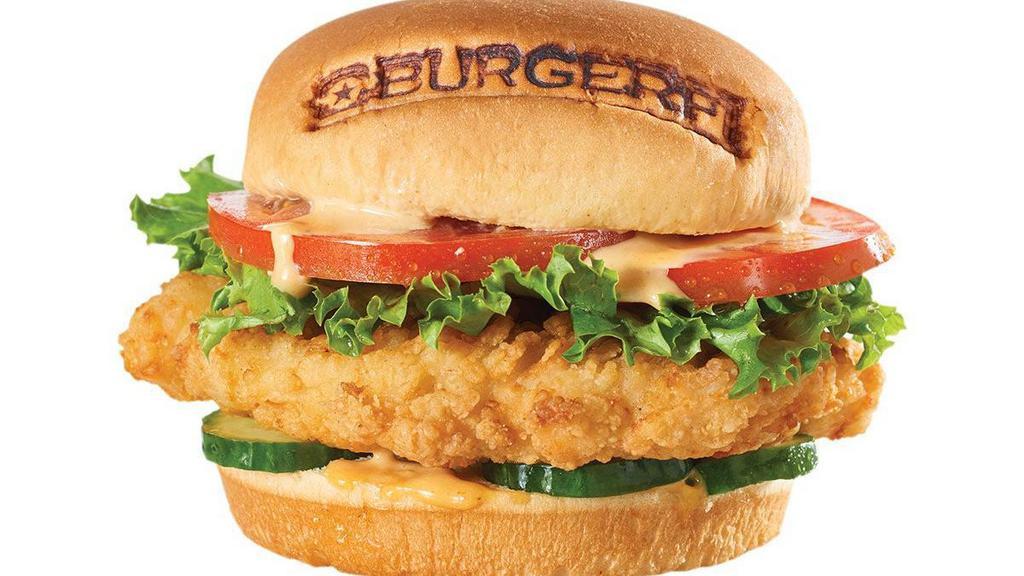 Classic Fi'Ed Chicken Sandwich · All-Natural, Cage-Free Chicken Breast from Springer Mountain Farms, Organic Honey Mustard BBQ Sauce, Pickle Chips, Lettuce, Tomato. ((Cals 478-495)