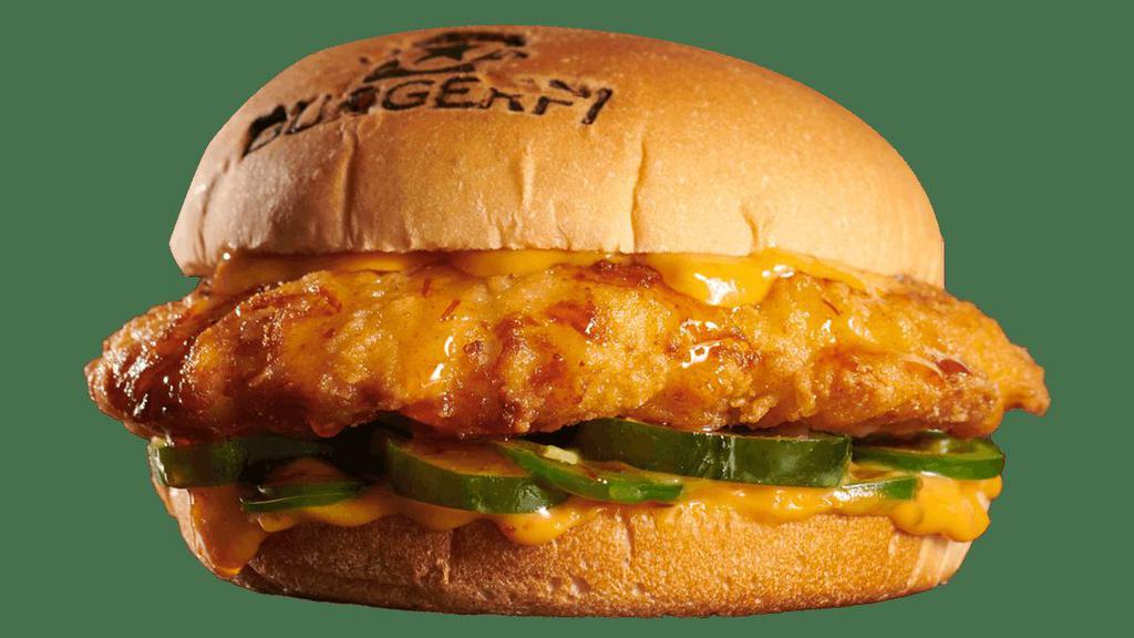Spicy Fi'Ed Chicken Sandwich · All-Natural, Cage-Free Chicken Breast from Springer Mountain Farms, Homemade Hot Pickles, Fresh Jalapeños, Ghost Pepper Honey, Spicy Mayo. (Cals 478-495)