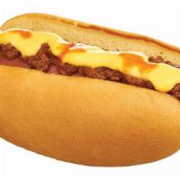 Texas Style Wagyu Beef Hot Dog · American Wagyu Beef Hot Dog, Chili, Cheese, Hot Sauce. (Cals 310-456)