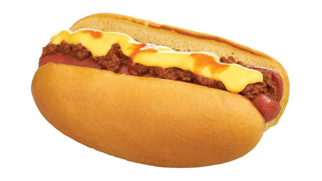 Texas Style Wagyu Beef Hot Dog · American Wagyu Beef Hot Dog, Chili, Cheese, Hot Sauce. (Cals 310-456)