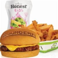 Kids Cheeseburger Meal · Single All-Natural Angus Beef Free of Hormones, Steroids, and Antibiotics, with Choice of Ju...