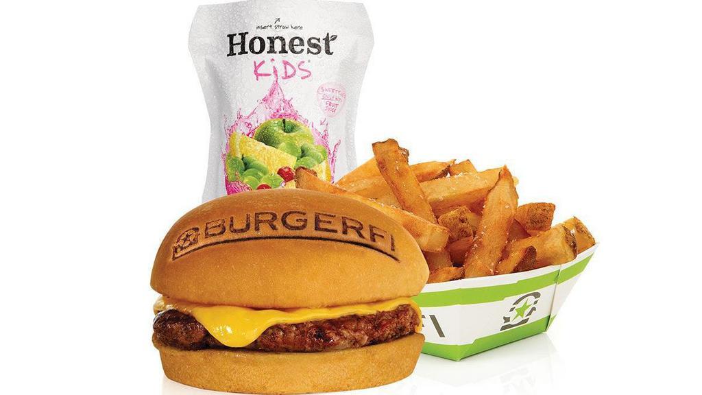 Kids Cheeseburger Meal · Single All-Natural Angus Beef Free of Hormones, Steroids, and Antibiotics, with Choice of Junior Fries or Natural Snack, and Kids Natural Juice. (Cals 400-836)