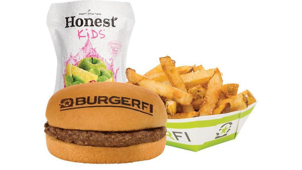 Kids Burger Meal · Single All-Natural Angus Beef Free of Hormones, Steroids, and Antibiotics, with Choice of Junior Fries or Natural Snack, and Kids Natural Juice. (Cals 400-836)