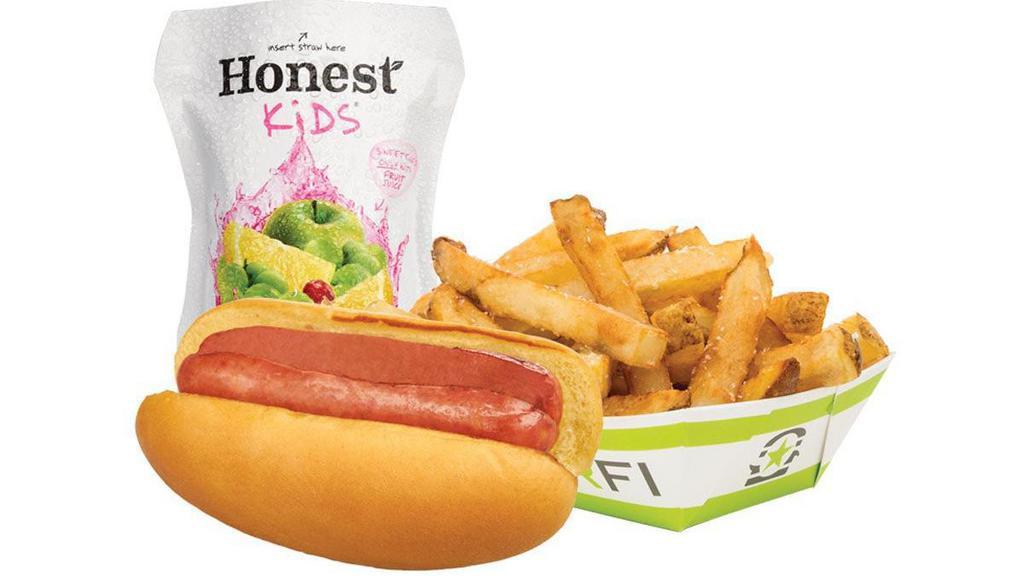 Kids Hot Dog Meal · Kids American Wagyu Beef Hot Dog with Choice of Junior Fries or Natural Snack and Kids Natural Juice (Cals 400-836)