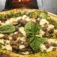 Salsiccia And Friarielli Pizza · Broccoli rabe puree, italian sausage, chili flakes, smoked fresh mozzarella, parmesan, basil