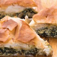 6 Pcs Spanakopita · Crispy baked phyllo wrapped in flaky phyllo dough stuffed with spinach and a blend of cheese...