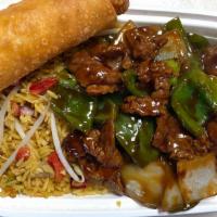 Pepper Steak · Served with pork fried rice and free soda. choice of soup.