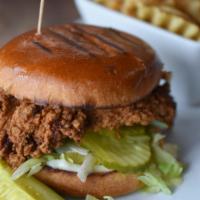 Buttermilk Fried Chicken Sandwich · crispy chicken breast, pickles, crispy lettuce, mayo, buttered brioche bun