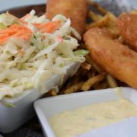 Fish And Chips · Lessing’s Local battered cod, old bay fries, coleslaw, tartar sauce,  vinegar