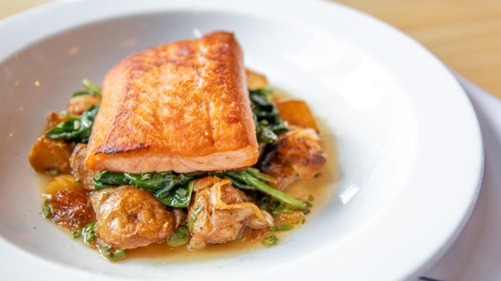 Roasted Scottish Salmon · Roasted yukon baby potatoes, cremini mushrooms, wilted flat-leaf spinach, citrus-brown butter sauce