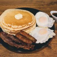 Sunrise Platter · 2 eggs any style, 2 slabs of bacon, 2 sausage patties
and 2 golden pancakes