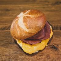 Taylor Ham, Egg And Cheese Sandwich · A New Jersey favorite! Grilled Taylor Ham and two fried eggs topped with melted cheese of yo...