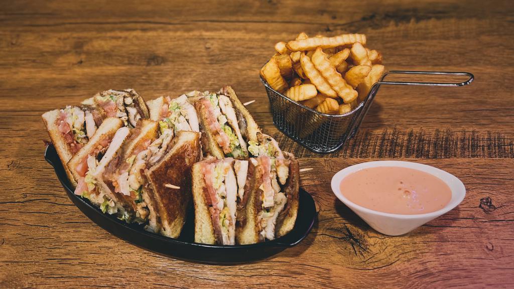 Chicken Club Sandwich · Your favorite traditional! Crispy bacon and melted Swiss cheese layered over grilled chicken breast, with lettuce, tomato and mayo on buttery Texas Toast.