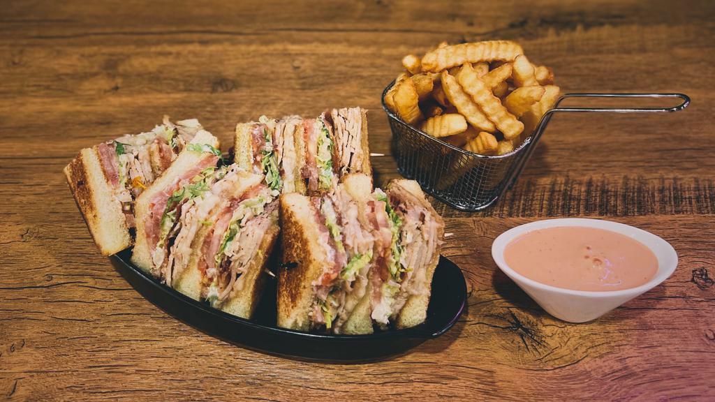 Turkey Club Sandwich · Your favorite traditional! Crispy bacon and melted Swiss cheese layered over grilled turkey breast, with lettuce, tomato and mayo on buttery Texas Toast.