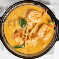 Pineapple Curry Shrimp · Spicy. Gaeng goong sapparod. Panang curry shrimp with peppers, string bean, bamboo shoots, b...