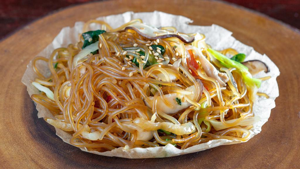 Vermicelli Delight · Korean sweet potato noodles with assorted vegetables.