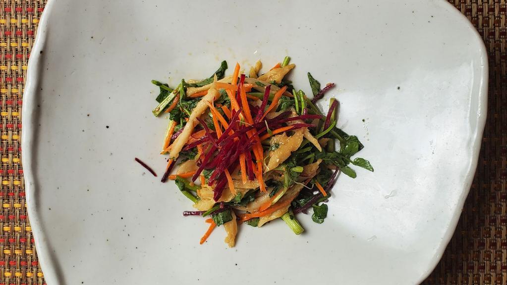 Todok Salad · Fresh todok with watercress, cabbage and carrots in bean paste lemon dressing.