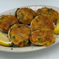 Baked Clams Oreganata (6 Pcs) · Delicious baked clams (chopped).  Served w/ a side of fresh lemons.