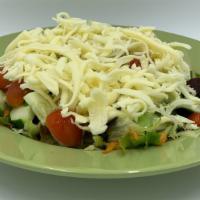 Mozzarella Salad - Small · Iceberg Lettuce, Mixed Greens, Cherry Tomatoes, Cucumbers & topped with shredded Mozzarella....