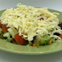 Mozzarella Salad - Large · Iceberg Lettuce, Mixed Greens, Cherry Tomatoes, Cucumbers & topped with shredded Mozzarella....