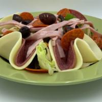 Antipasto - Large · Iceberg Lettuce, Mixed Greens, Cherry Tomatoes, Kalamata Olives (pitted), Ham, Salami, Peppe...